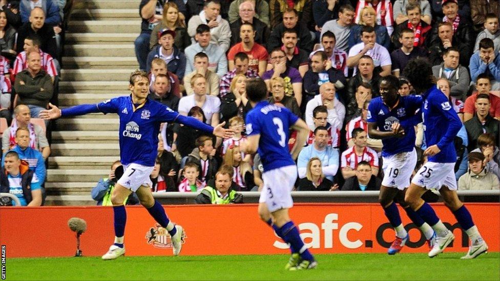 Everton's Nikica Jelavic (left) celebrates with his team-mates after scoring