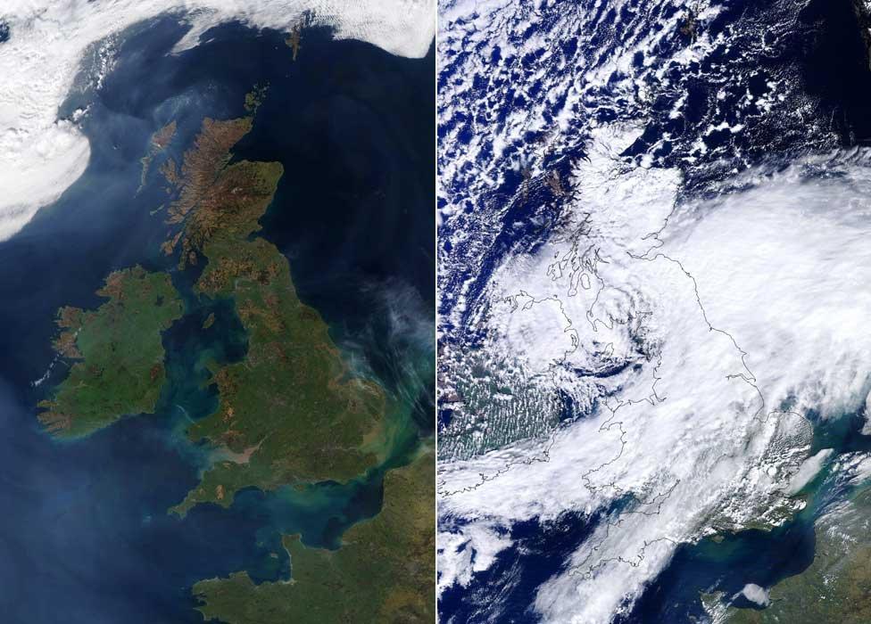 satellite image showing cloud free UK on 27 march and the weather on 3 april