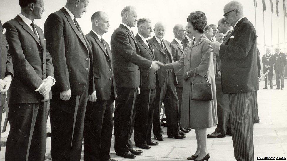 The Queen meeting officials at the opening of the Forth Road Bridge, 1964.