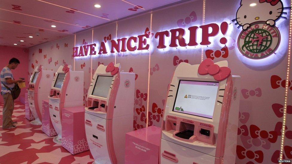 Pink self check-in counters at the airport terminal in Taiwan