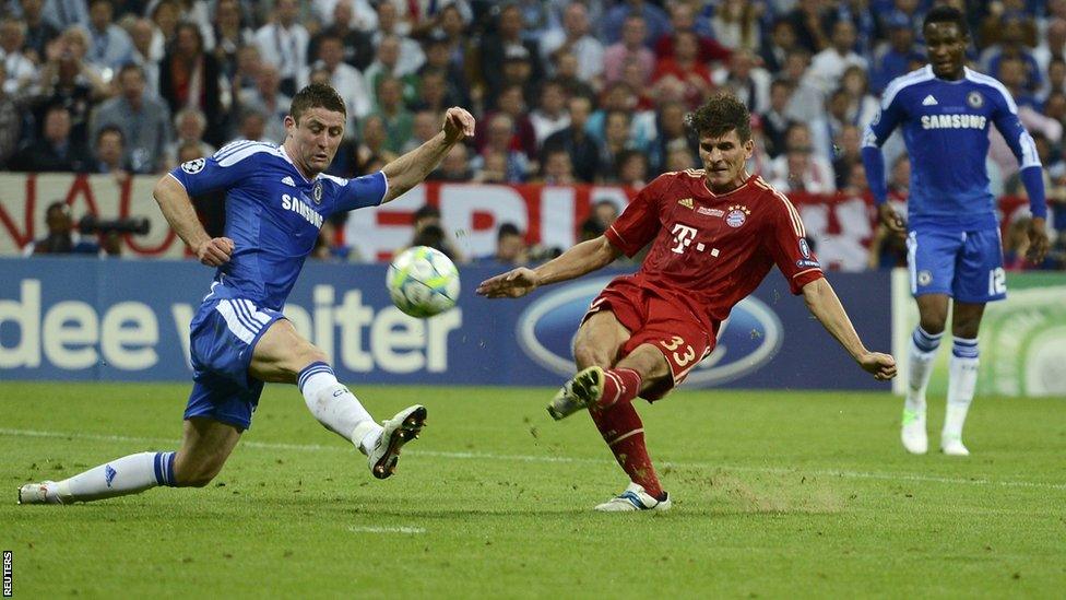 Mario Gomez shoots for Bayern