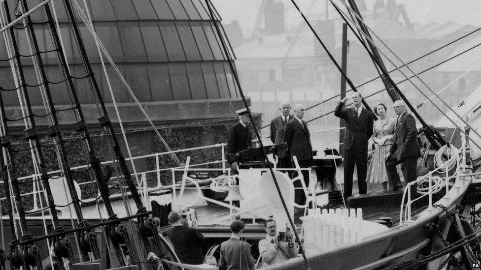 Queen Elizabeth II opening the Cutty Sark in Greenwich, East London.