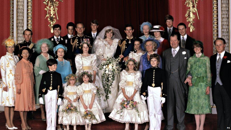 The Royal Wedding Group in the Throne Room at Buckingham Palace on 29th July 1981 with the bride and groom, TRH The Prince and The Princess of Wales, in the centre.