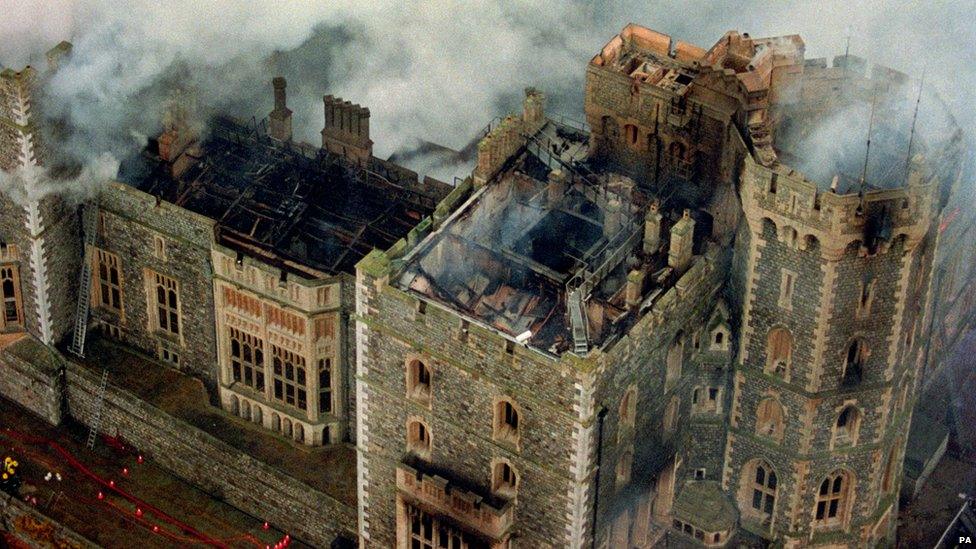 An aerial view of Windsor Castle showing the damage caused by the fire of 20/11/1992.