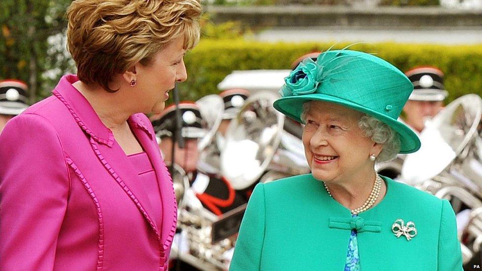 Queen Elizabeth II with Irish President Mary McAleese after arriving at Aras an Uachtarain in Phoenix Park.