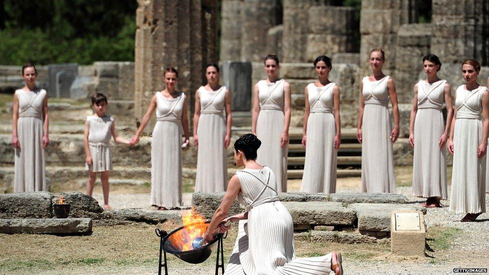 High Priestess Ino Menegaki lights the Olympic flame at the Temple of Hera