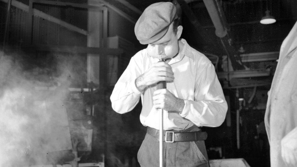 Glass making and blowing at James A Jobling Wear Flint Glassworks, Sunderland on 5 December 1956. Photo: Beamish Museum