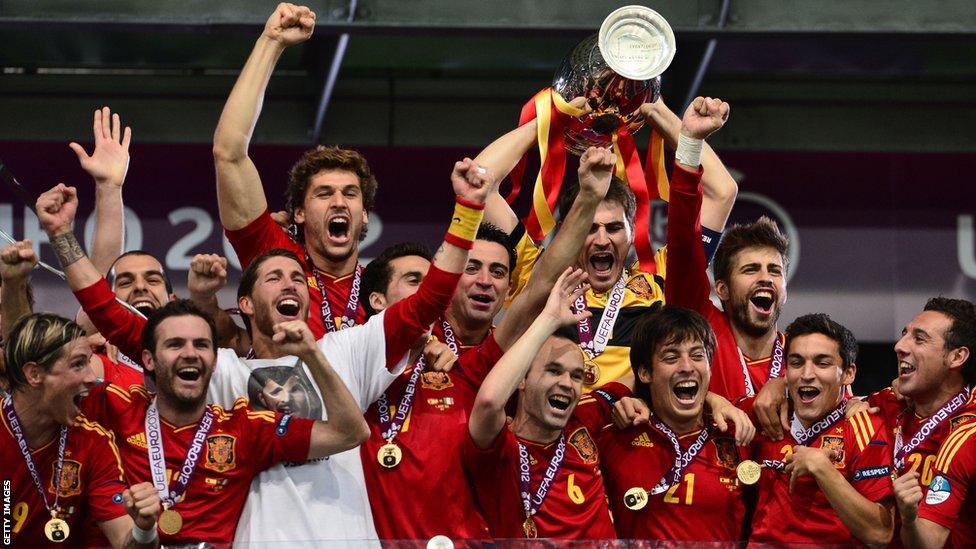 Spain players hold the trophy