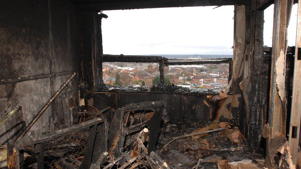 Scene after fire at Shirley Towers in 2010