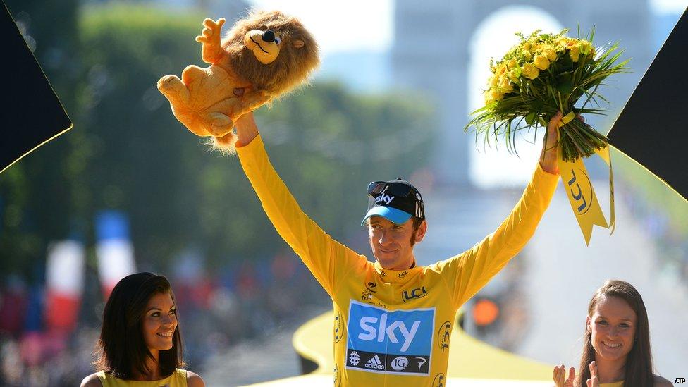 Bradley Wiggins, winner of the 2012 Tour de France cycling race on the podium of the the Tour de France cycling race in Paris, France, Sunday July 22, 2012.