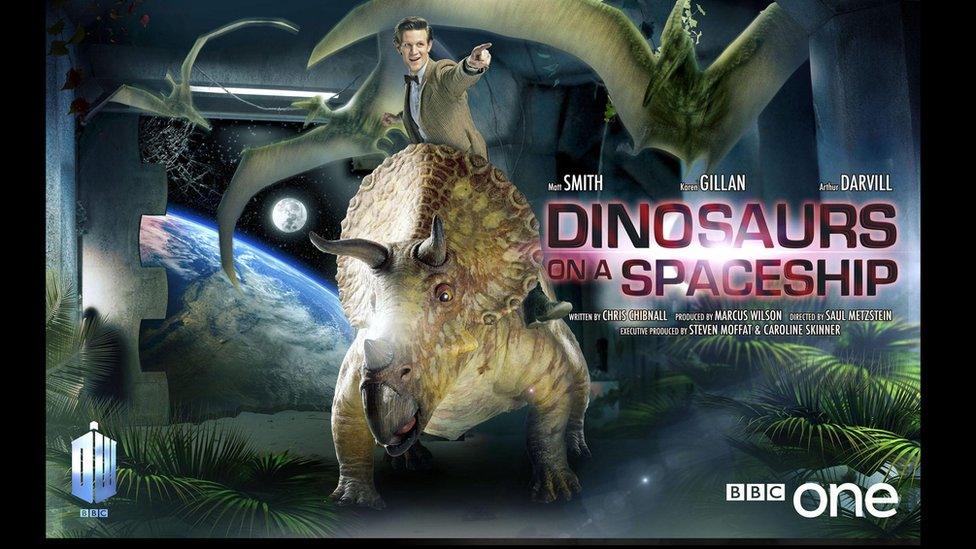 The Doctor rides a dinosaur on a space ship. The Earth can be seen through a window at the back of the space craft.