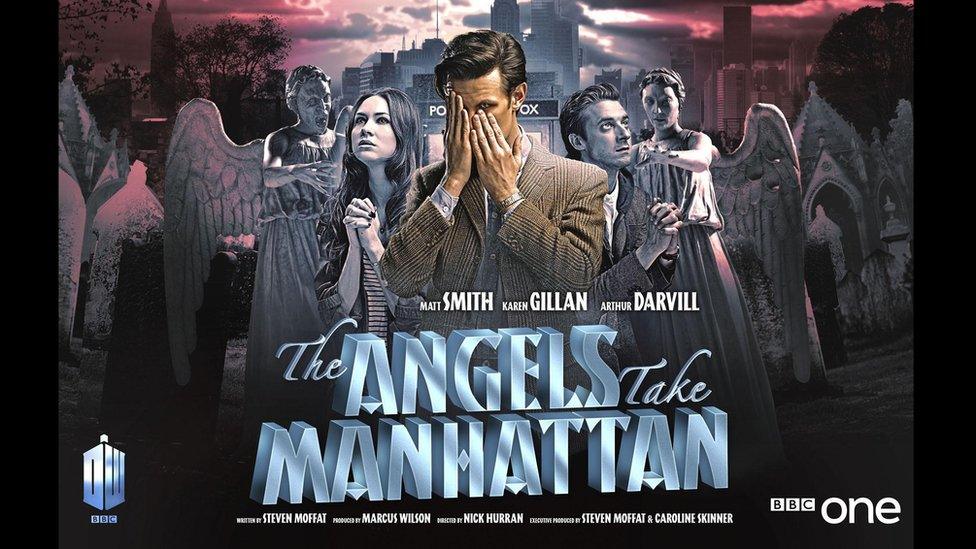The Doctor covers his face as he is approached by weeping angels. His companions Rory and Amy appear frozen in stone.