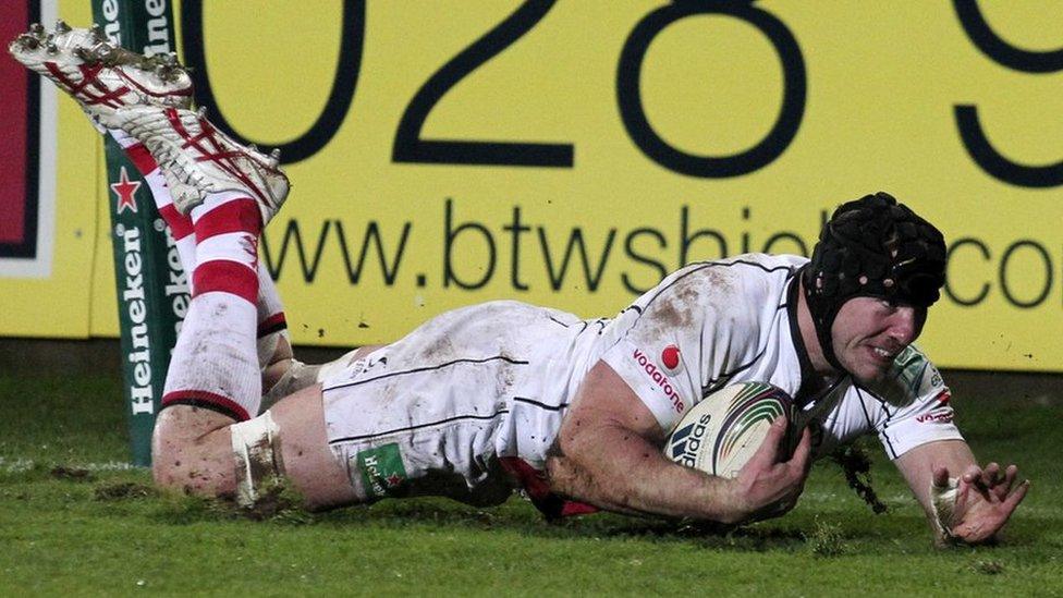 A determined Ferris touching down for a try in the Heineken Cup at Ravenhill in 2011