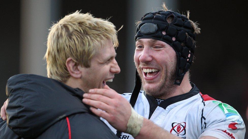 Chris Henry celebrating with Stephen Ferris at the end of a Heineken Cup game against Bath in 2010