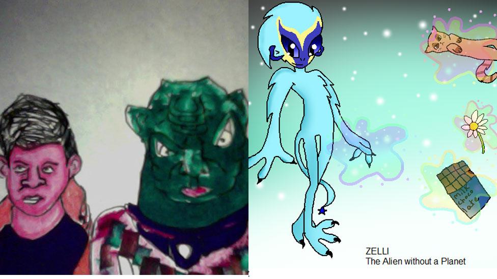 A picture of Tom Clarke and espartos alien by Darcie, 12, from Brighton and blue alien Zelli by Hannah, 12, from Merseyside.