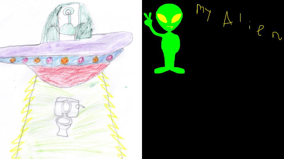 Alien drawing by Muhammad from Burnley and next to it a green alien by Sophie from Liverpool.