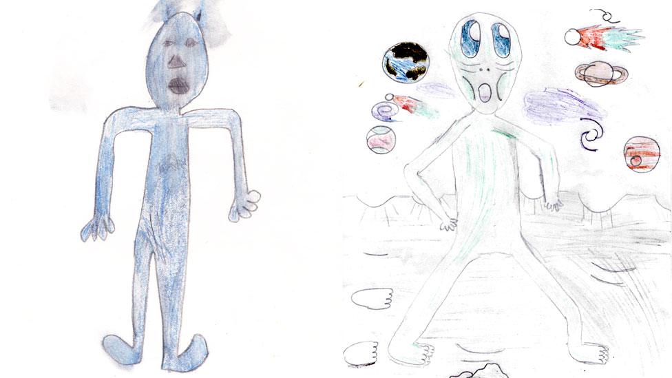 Here's a blue alien by 10-year-old Matilda from Lancashire and Cosmic the alien drawn by Cherry.