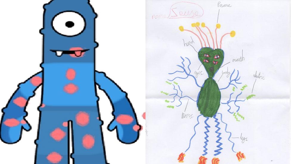 A blue spotted alien sent in by Rami and Zeuse created by eight-year-old Amy from Hampshire