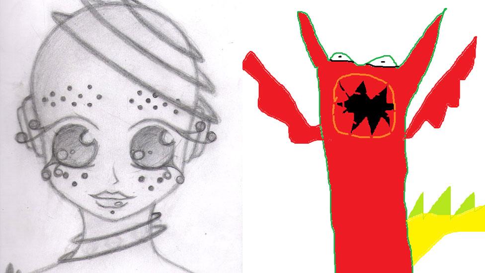 Alien head drawn by Izaya and a red monster created by Fifi