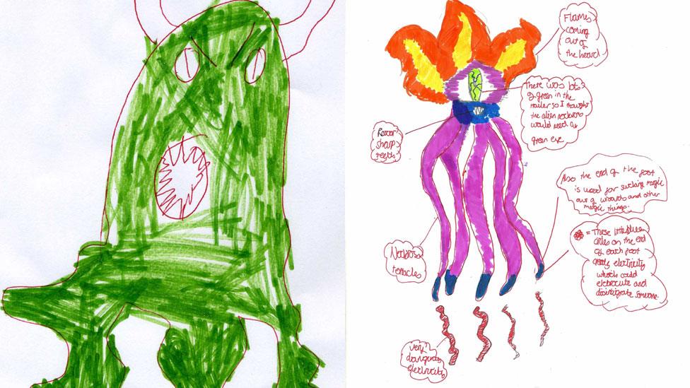 Green alien by Jack and alien drawn by James