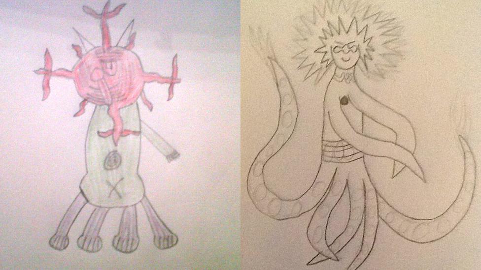 On the left is a red and green alien by Ciaran and on the right a long legged alien by Jacklina.
