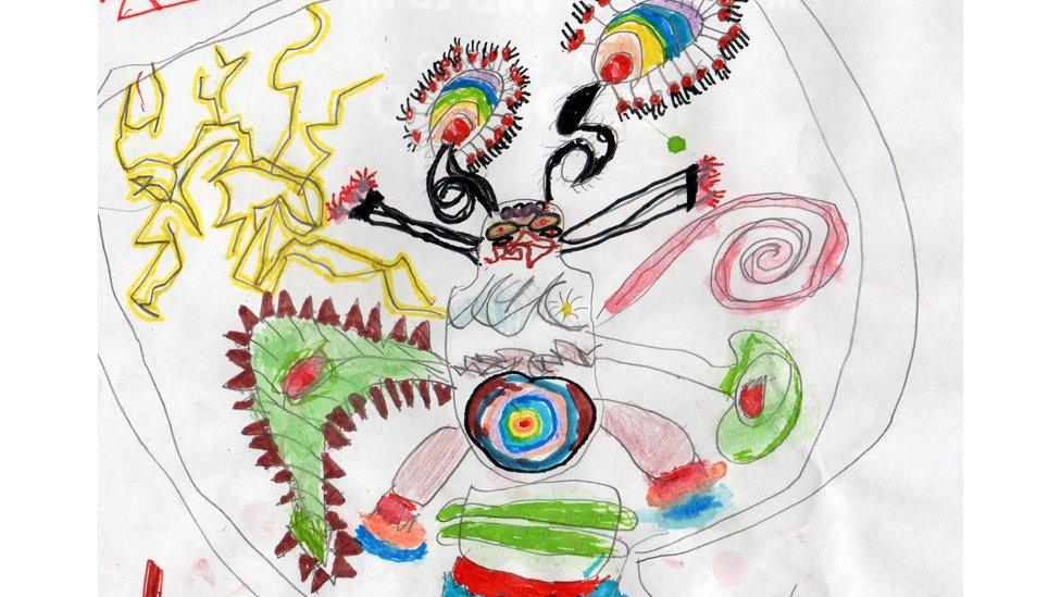 Multi-coloured alien drawing.