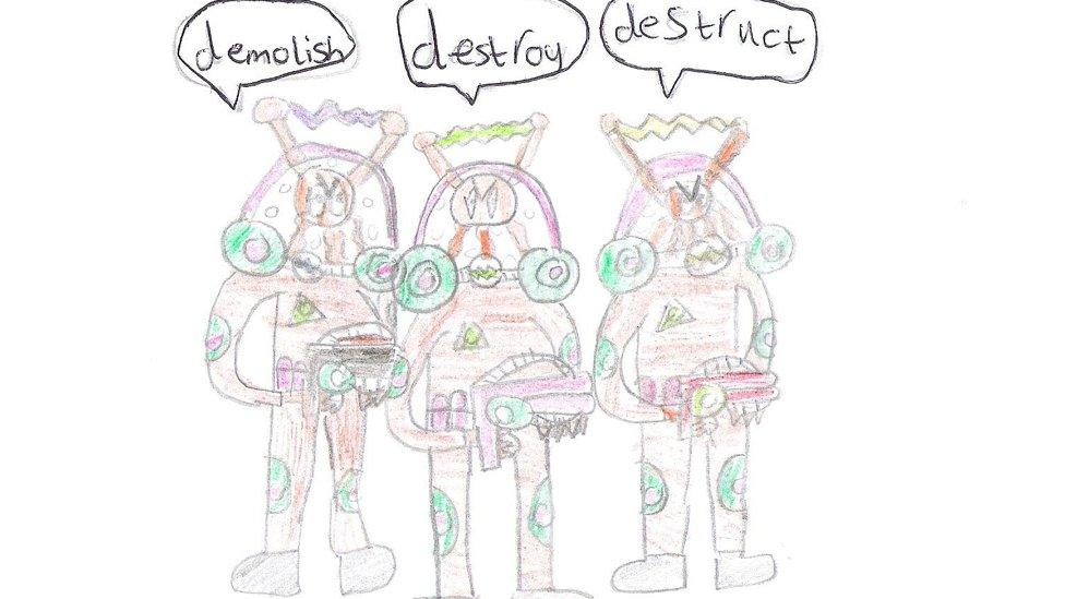Drawing of three pencil aliens.