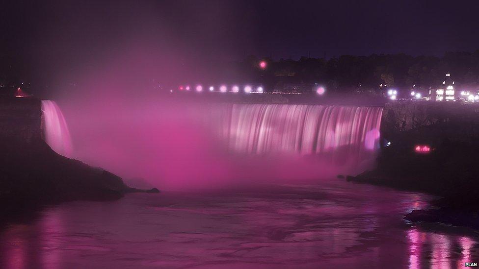 Niagara Falls in Canada lit up pink