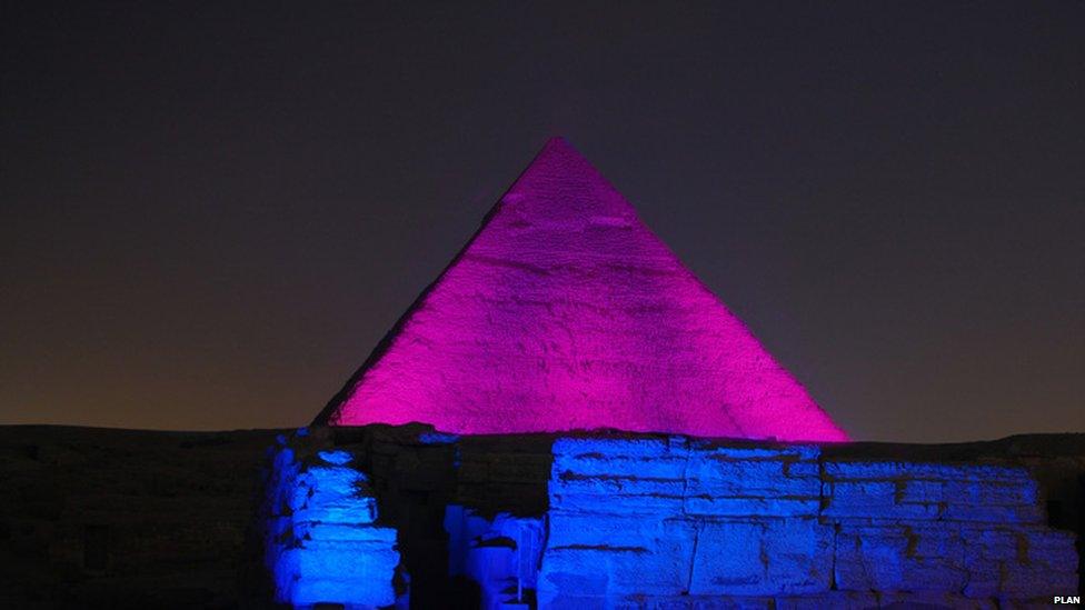 Egyptian pyramid lit up pink