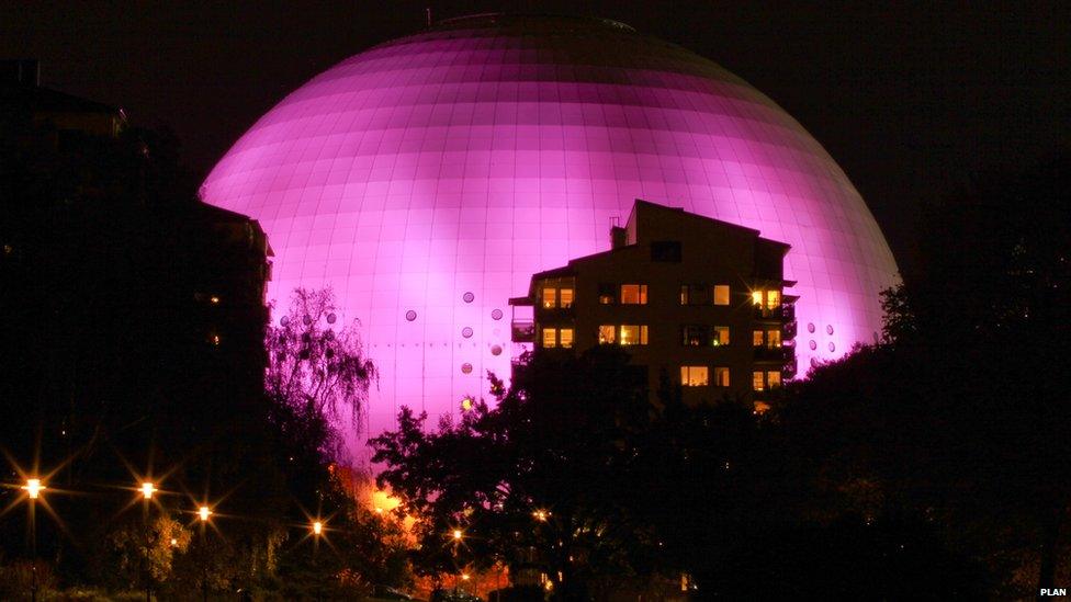 Ericsson Globe Arena in Sweden lit up pink