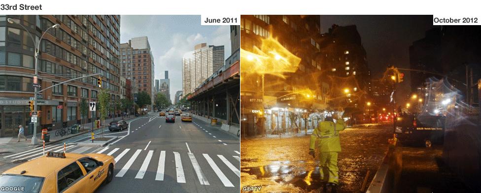 The storm waters reached 33rd St in a largely deserted Manhattan late on Monday night. An unprecedented 13 ft (3.9m) surge of seawater - 3 ft (90 cm) above the previous record - submerged parts of lower Manhattan.