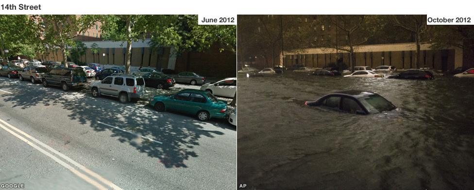 Flood water surged up 14th Street on Manhattan's east side as the storm hit New York. The storm has left the city's public transport crippled and 600,000 people in the New York area without power.