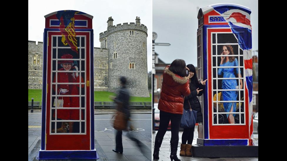 Pedestrians look at Ring-A-Royal, painted by Timmy Mallett, outside Windsor Castle