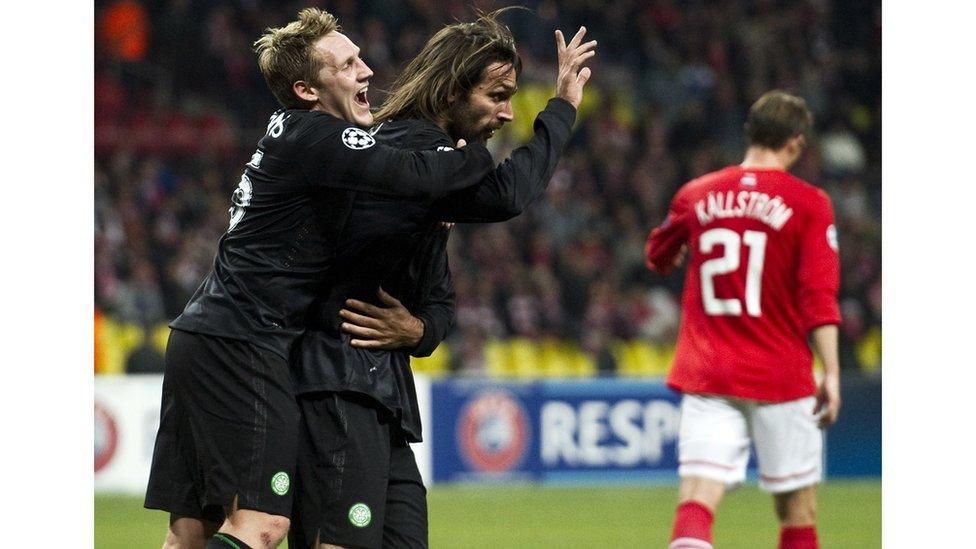 Celtic striker Georgios Samaras celebrates his winning goal with Kris Commons