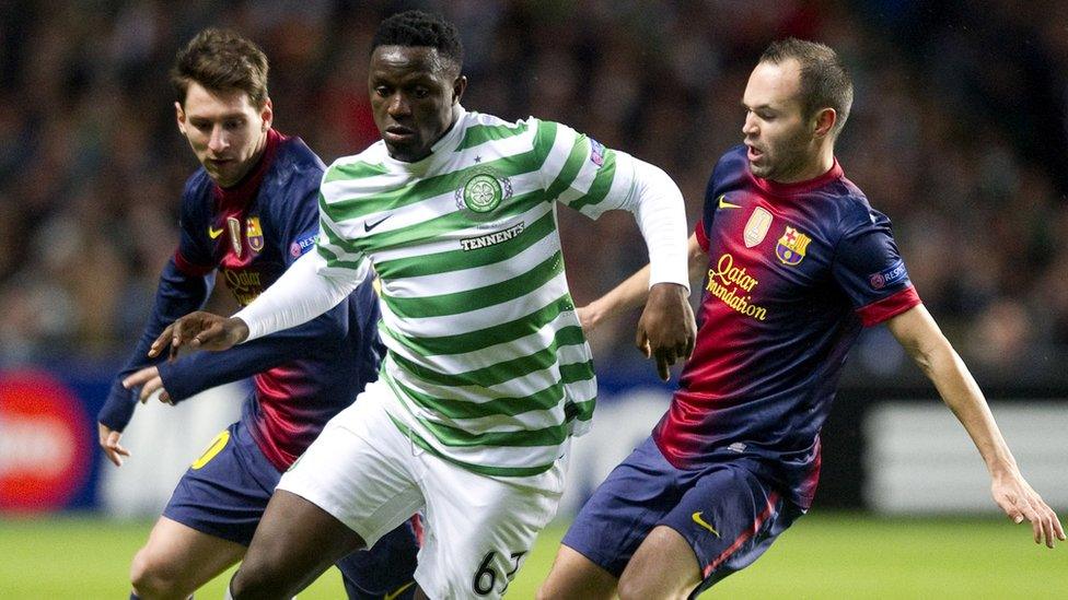 Celtic's opening goal hero Victor Wanyama (centre) is snared by Barcelona's Lionel Messi (left) and Andres Inesta