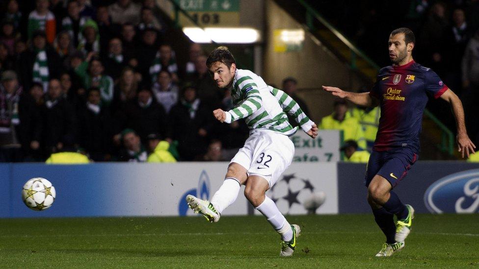 Celtic's Tony Watt scores his sides second against Barcelona