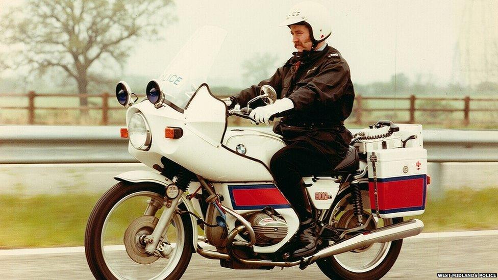 Police officers on a motorbike in the 1970s