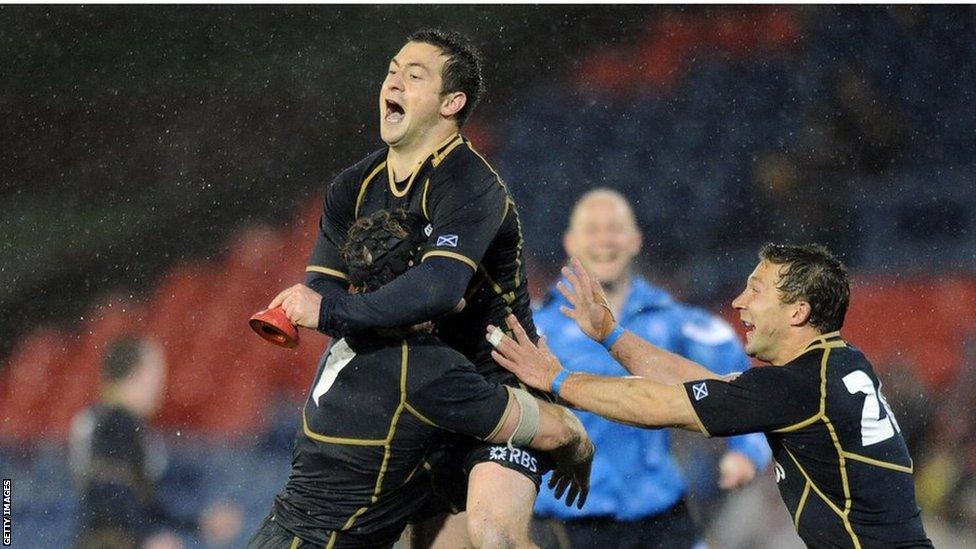 Greig Laidlaw rejoices after kicking a penalty in added time to defeat Australia 9-6 on Scotland's summer tour