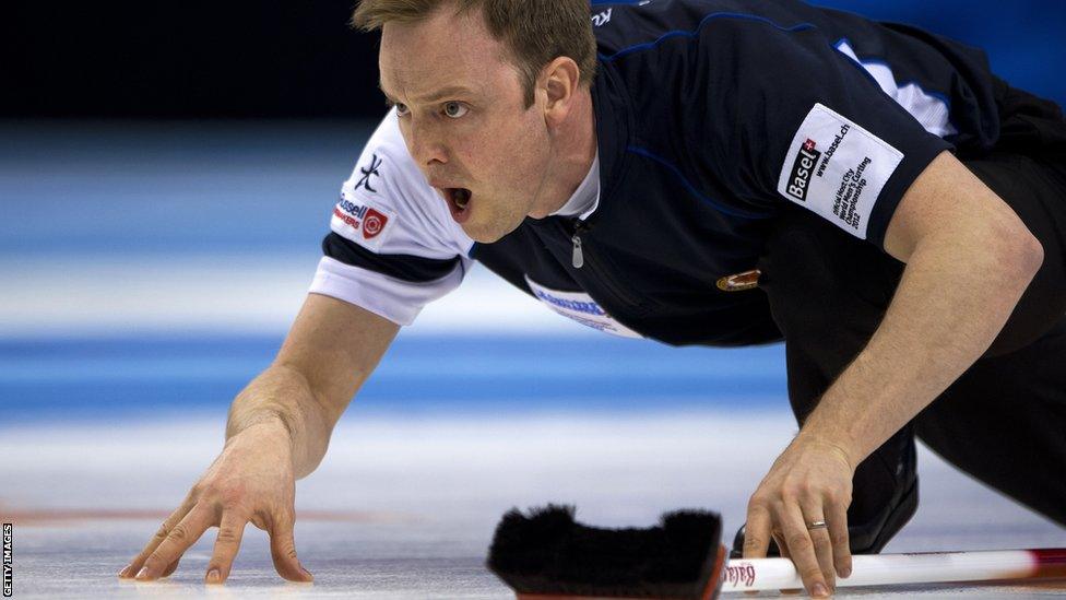 Scotland's skip Tom Brewster reacts during his final match against Canada at the World Men's Curling Championship on April 8, 2012 in Basel