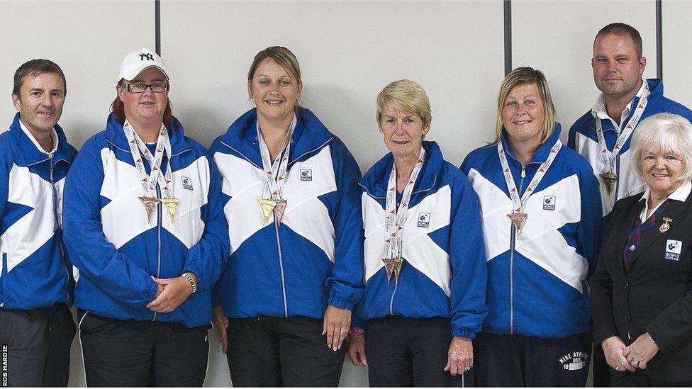 Bowls Scotland head coach David Gourlay, Michelle Cooper, Caroline Brown, Margaret Letham, Claire Johnston and Paul Foster, Bowls Scotland president Dorothy Freeburn