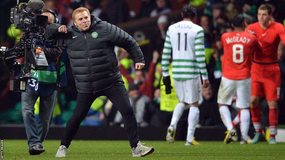 Celtic manager Neil Lennon celebrates reaching the last 16