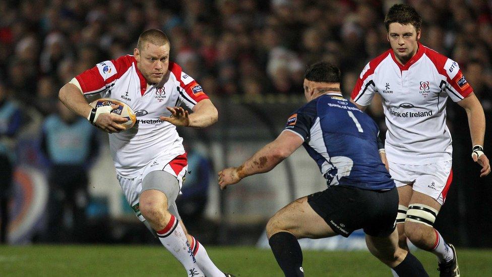 Ulster's Tom Court attempts to get past Leinster opponent Cian Healy during the Pro12 clash at Ravenhill