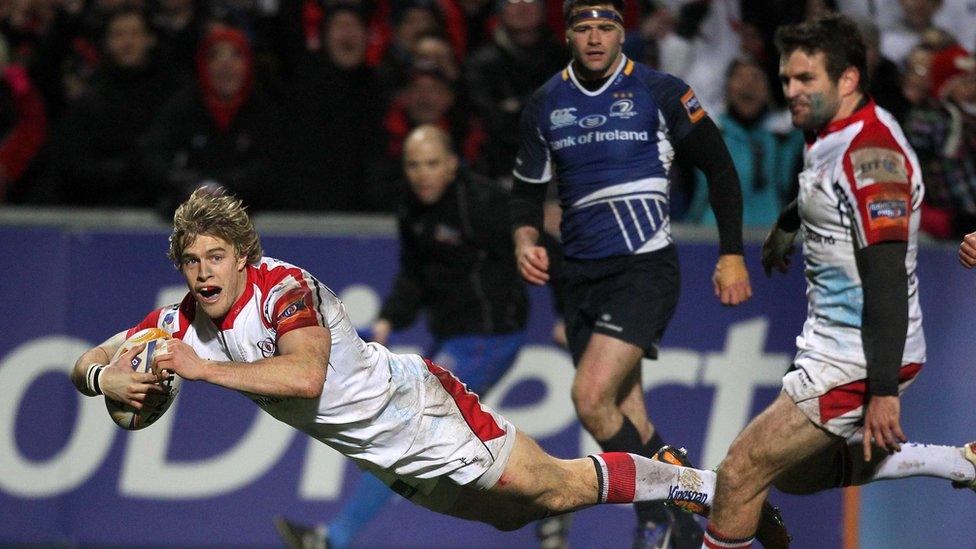 Winger Andrew Trimble dives over for his try - Ulster's third in the Pro12 match against Leinster