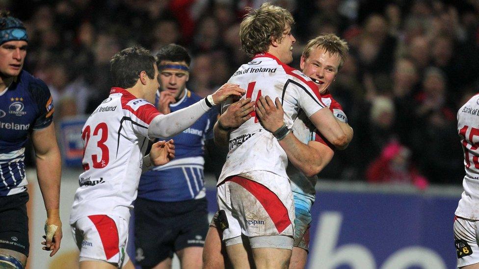 Andrew Trimble celebrates his second-half try against Leinster with Ulster team-mates Adam D'Arcy and Luke Marshall