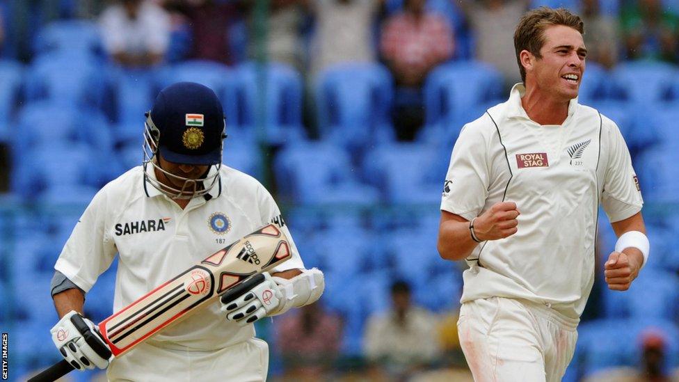 Sachin Tendulkar is dismissed by New Zealand's Tim Southee (right)