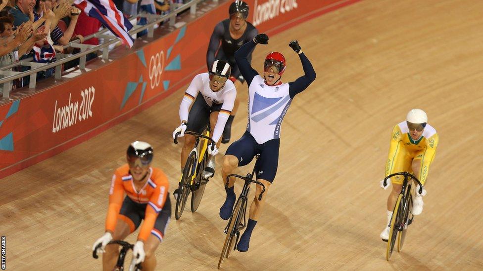 Sir Chris Hoy wins gold at the men's keirin track cycling final on Day 11 of the London 2012 Olympic