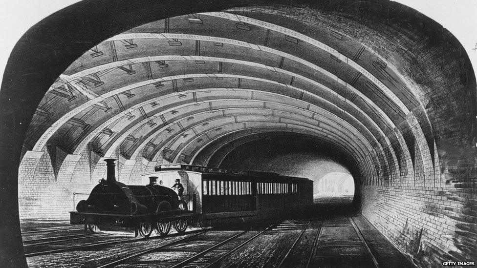 circa 1863: The first Metropolitan train on the underground line passing through Praed Street, London. (Photo by Hulton Archive/Getty Images)