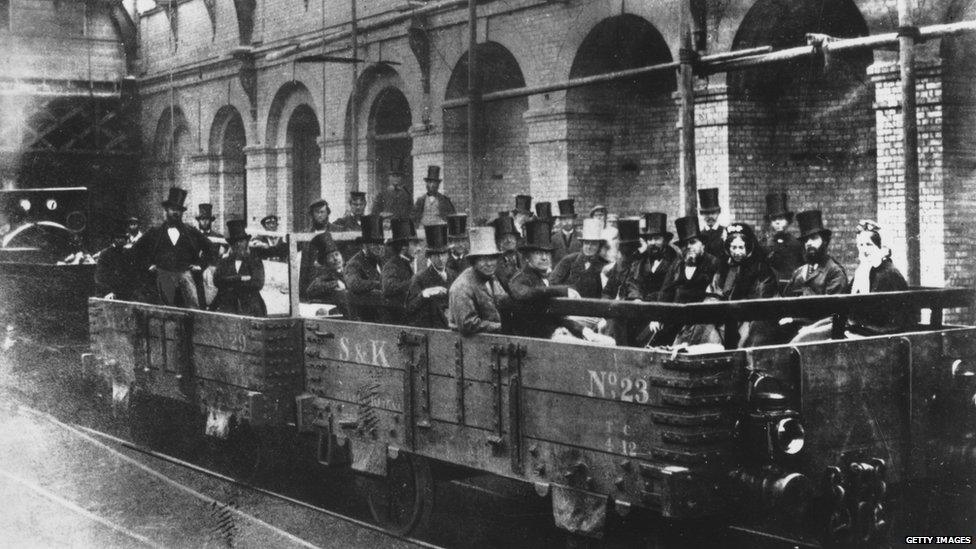 Chancellor of the Exchequer William Ewart Gladstone with directors and engineers of the Metropolitan Railway Company on an inspection tour of the world's first underground line, 24th May 1862. Built between Paddington and the City of London, it opened in January of the following year. Gladstone is seen in the front row, near right.