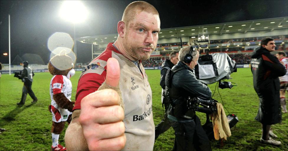 Tom Court joins his Ulster team-mates on a lap of honour after the 23-6 victory over Glasgow in Belfast