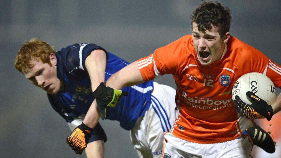 Padraig Reilly of Cavan in action against Ethan Rafferty whose Armagh lost the McKenna Cup game 3-09 to 1-11